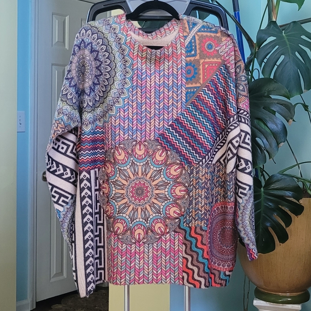 Boho Colorful Geometric Pattern Sweater Size 1X